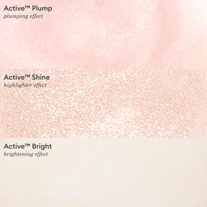 Three textured swatches: soft pink labeled Active™ Plump, sparkling peach labeled Active™ Shine Opal, and pale cream labeled Active™ Bright, each with descriptions of plumping, highlighting, and brightening effects. These plant-based nail polish shades from Manucurist not only elevate your nail care routine but also help strengthen nails for a naturally radiant look.