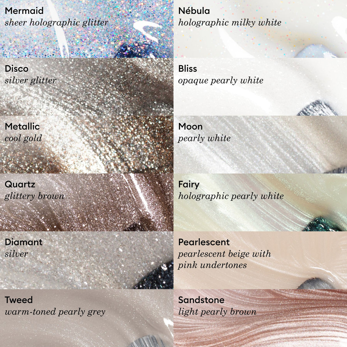 Swatches of seven white Manucurist nail polishes: Snow (pure white), Milky White, Moon (pearly), Porcelaine (creamy off-white), Fairy (holographic pearly), Shell (off-white yellow tint), and Crème (white beige).