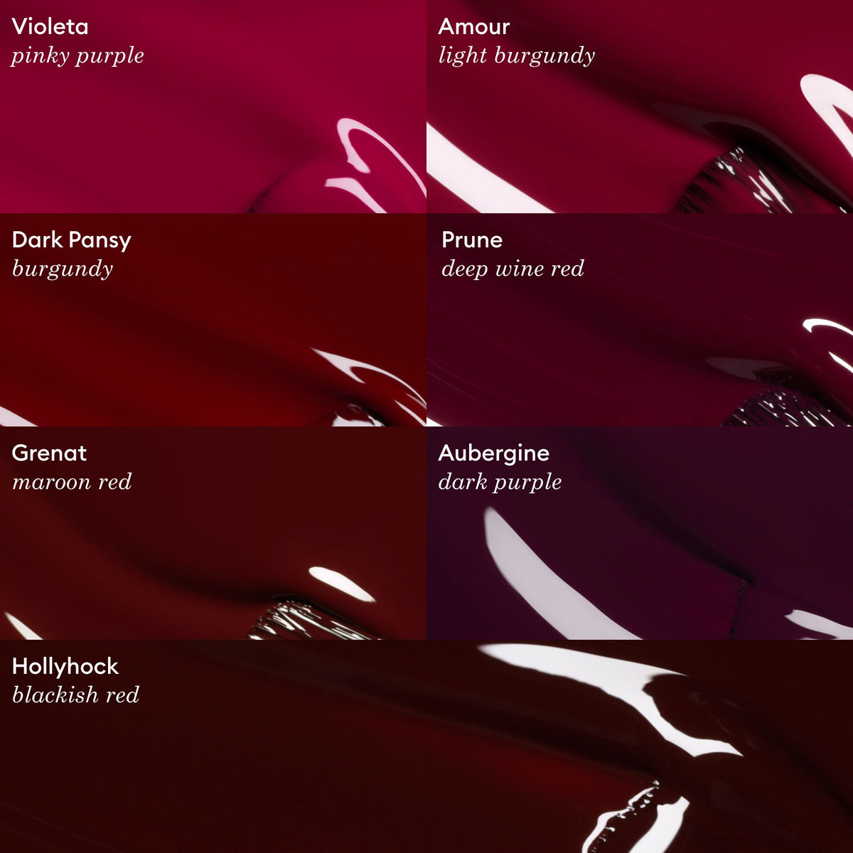Five swatches of glossy nail polish—including Manucurist’s Grenat gel polish—shine in shades from pinky purple to dark purple, labeled: Violeta, Dark Pansy, Prune, Hollyhock, and Aubergine. Each features corresponding color descriptions, ranging from vibrant earthy red to deep maroon red gel polish tones.