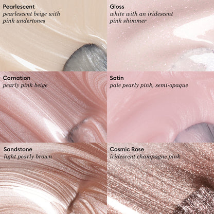 Six touches de maquillage étiquetées : Pearlescent (beige rosé), Gloss (blanc rose irisé), Carnation (rose nacré), Satin (rose pâle), Manucurist Sandstone (marron latte scintillant) et Cosmic Rose (rose champagne).