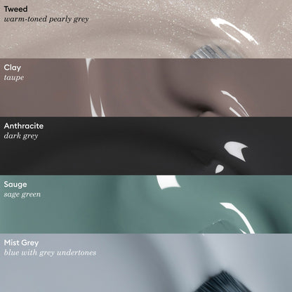 Five Manucurist nail polish shades in horizontal bands: Tweed (warm pearly grey), Clay (timeless taupe), Anthracite (dark grey), Sauge (Green range sage green), and Mist Grey (blue-grey undertone).