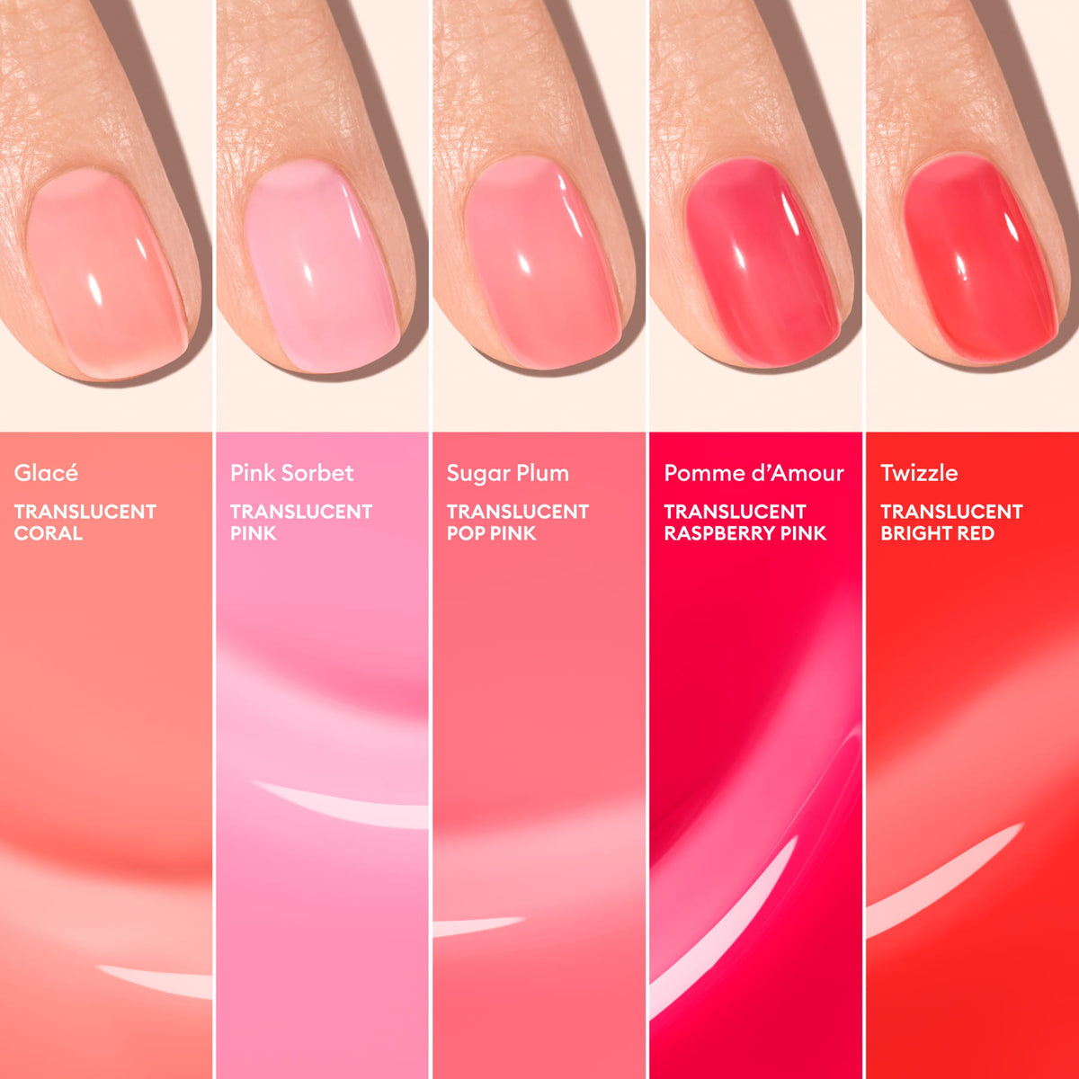 Five manicured nails showcase ultra-glossy Pink Sorbet Jelly shades by Manucurist: coral, pink, pop pink, raspberry pink, and bright red. Each translucent polish is labeled with its name and color description under each nail.