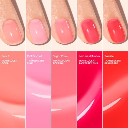 Five manicured nails showcase ultra-glossy Pink Sorbet Jelly shades by Manucurist: coral, pink, pop pink, raspberry pink, and bright red. Each translucent polish is labeled with its name and color description under each nail.