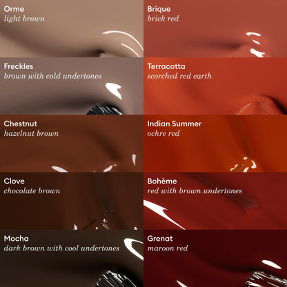 A grid of eight glossy Manucurist Green Flash gel polish swatches, featuring Clove—an indulgent chocolate brown—plus hues like Orme, Brique, Terracotta, and Mocha. Each shows rich color names and a sleek gel finish.
