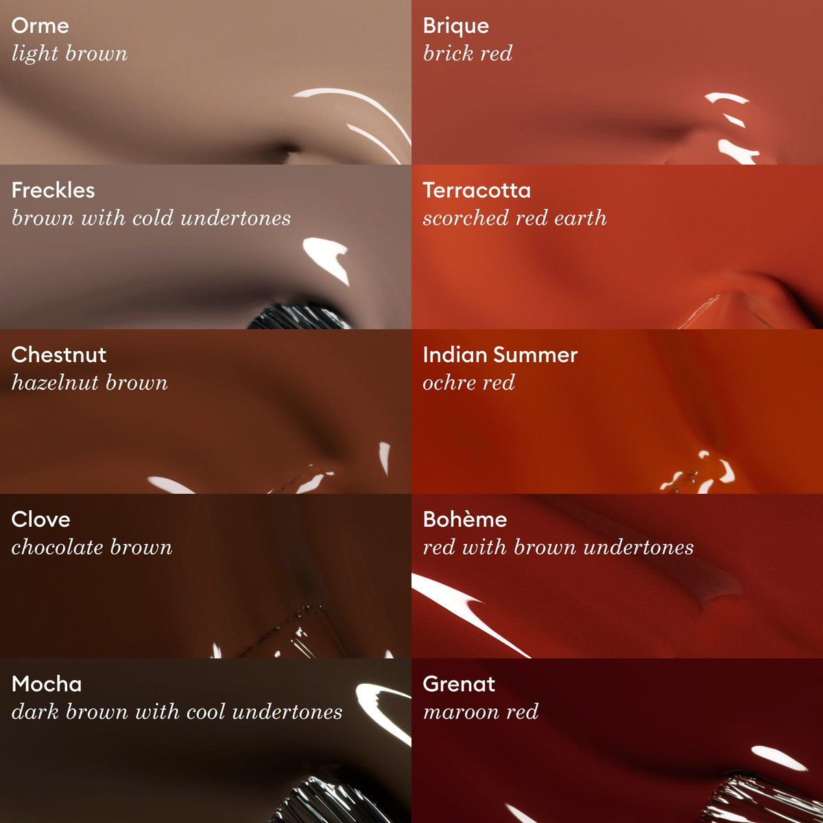 Eight swatches of paint in brown and earthy red tones—Orme, Brique, Freckles, Terracotta, Chestnut, Indian Summer, Clove, Bohème, and Mocha—evoke the richness of Manucurist’s Grenat maroon red gel polish. Each shade complements natural Green Flash gel polish hues for a grounded yet vibrant palette.