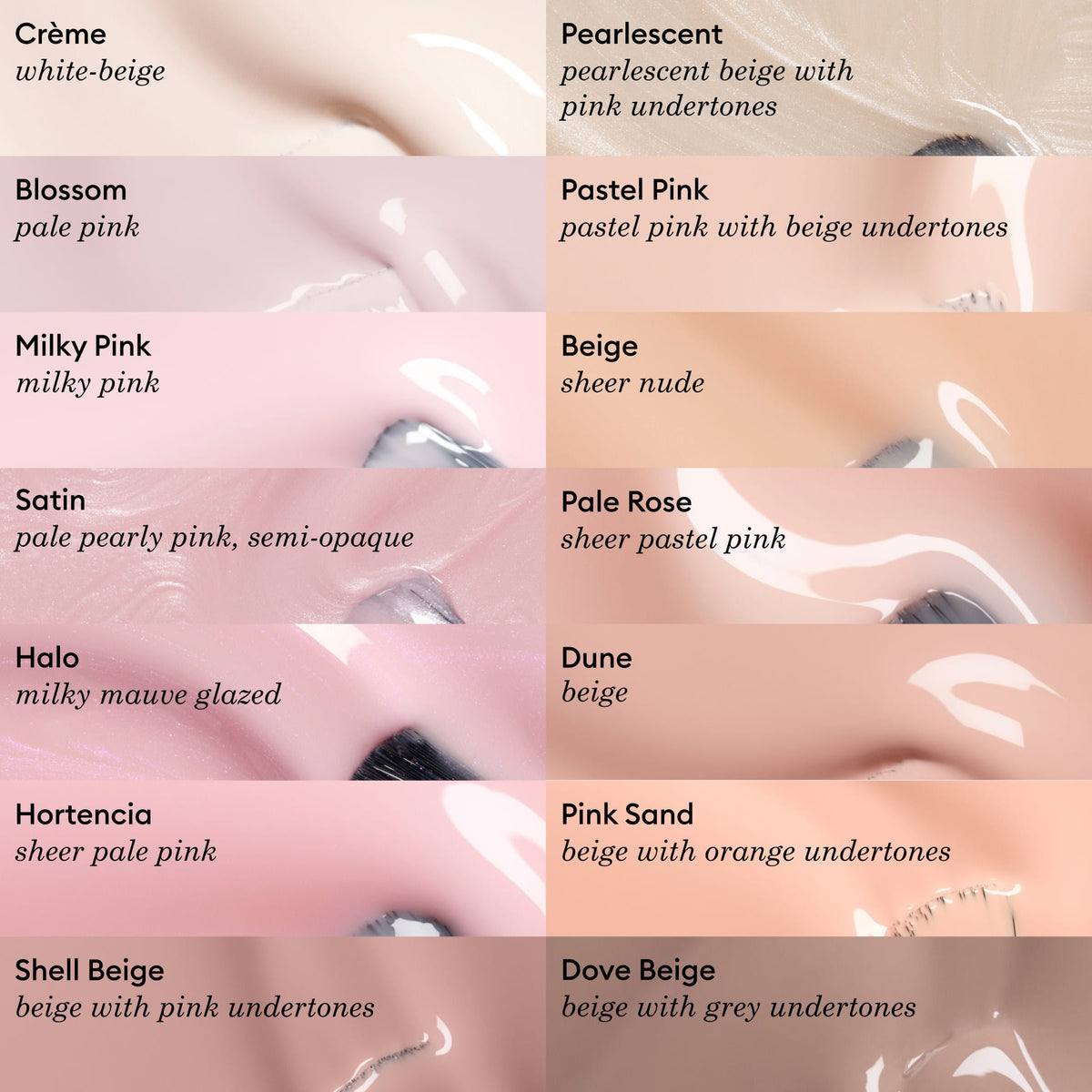 A chart displays 12 nude and sheer nail polish swatches with names and descriptions, featuring shades such as Beige by Manucurist, Crème, Blossom, Satin, Hortencia, Pink Sand, Dove Beige, Pearlescent, Pastel Pink, Pale Rose, Dune, and Shell Beige.