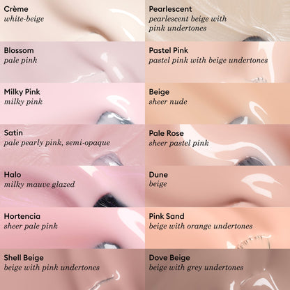 A chart displays ten nail polish shades, including Shell Beige by Manucurist, with swatches and descriptions of beige, pink, and nude tones like Pastel Pink, Crème, Pearlescent, Dune, Coffee and Cream, Satin, Pale Rose, Blossom, and Hortencia.