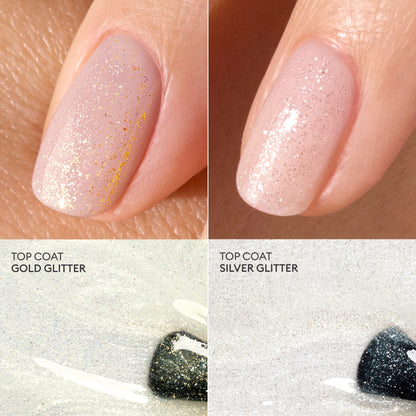 Close-up of two fingernails with sheer pink polish topped with Manucurist&