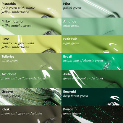Swatches of green nail polish shades from pale pistachio and mint to dark khaki and glittery green are displayed on polished nails with glossy finishes. Explore creamy nuances and botanical notes throughout the collection—featuring Milky Matcha by Manucurist, a delicate milky matcha green gel polish that delivers a soft yet vibrant look.