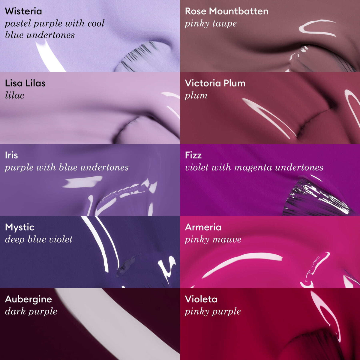 Une grille de neuf vernis à ongles violets, comprenant Wisteria de Manucurist (vernis gel violet pastel), Lisa Lilas, Iris, Mystic, Aubergine, Rose Mountbatten, Victoria Plum, Fizz Armeria et Violeta — idéal pour les fans de vernis gel LED.