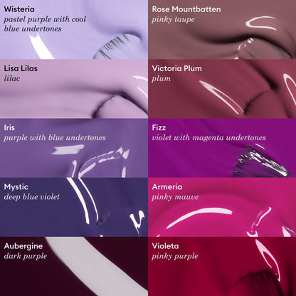 Une grille de neuf vernis à ongles violets, comprenant Wisteria de Manucurist (vernis gel violet pastel), Lisa Lilas, Iris, Mystic, Aubergine, Rose Mountbatten, Victoria Plum, Fizz Armeria et Violeta — idéal pour les fans de vernis gel LED.