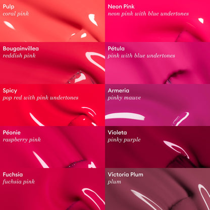 A grid of nine vibrant Péonie lipsticks by Manucurist, from Neon Pink to Victoria Plum, showcases gel polish-inspired pink and raspberry shades, each swatch labeled with its name and distinct color tone.