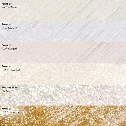A sample chart displays six manicure shimmer finishes, including Blue Glazed Powder by Manucurist, as well as White Glazed, Pearly Blue Shimmer, Pink Glazed, Golden Glazed, and Pearlescent Flakes in horizontal swatches.