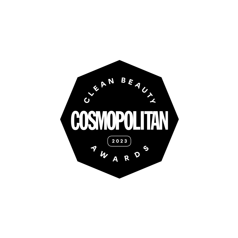 A black hexagonal emblem with the words Clean Beauty Awards Cosmopolitan 2023 in white text, representing the Cosmopolitan Clean Beauty Awards.