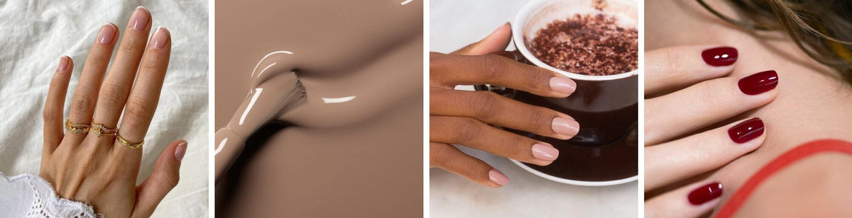 Four side-by-side images: a hand with light pink nails and rings, a brush applying nude nail polish, a hand with nude nails holding a hot drink, and a hand with glossy dark red nails near a shoulder.