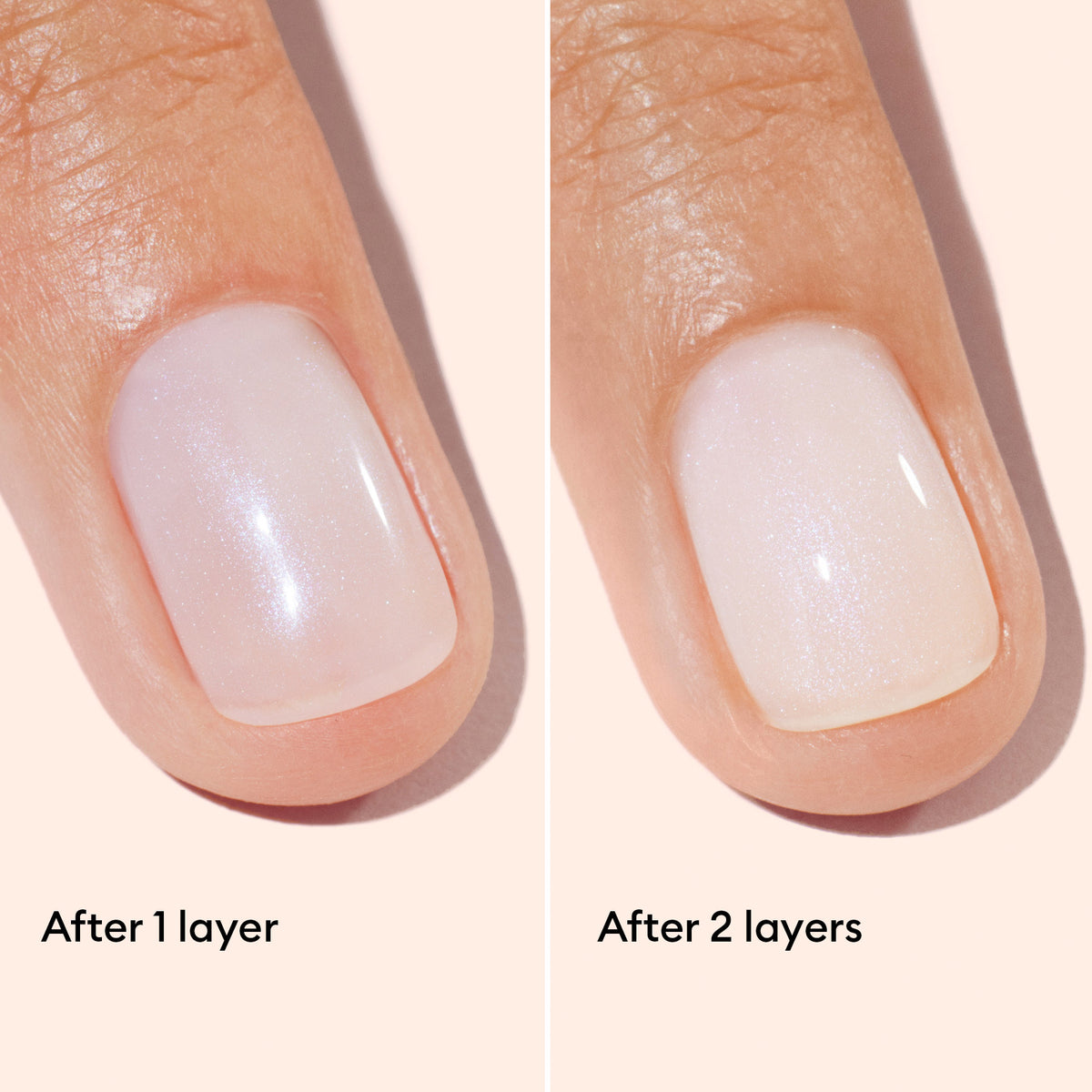 Close-up of a fingernail showing the effect of nail polish: left side shows one sheer, glossy layer; right side shows two layers for a more opaque, shinier look. Text: After 1 layer and After 2 layers.
