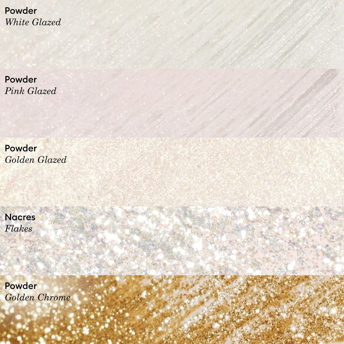 Cinq échantillons texturés présentent des finis poudrés et nacrés en blanc glacé, rose glacé, reflets dorés perlés, paillettes irisées, et la Poudre Effet Glacé Doré de Manucurist. Chaque bande scintillante est idéale pour s&