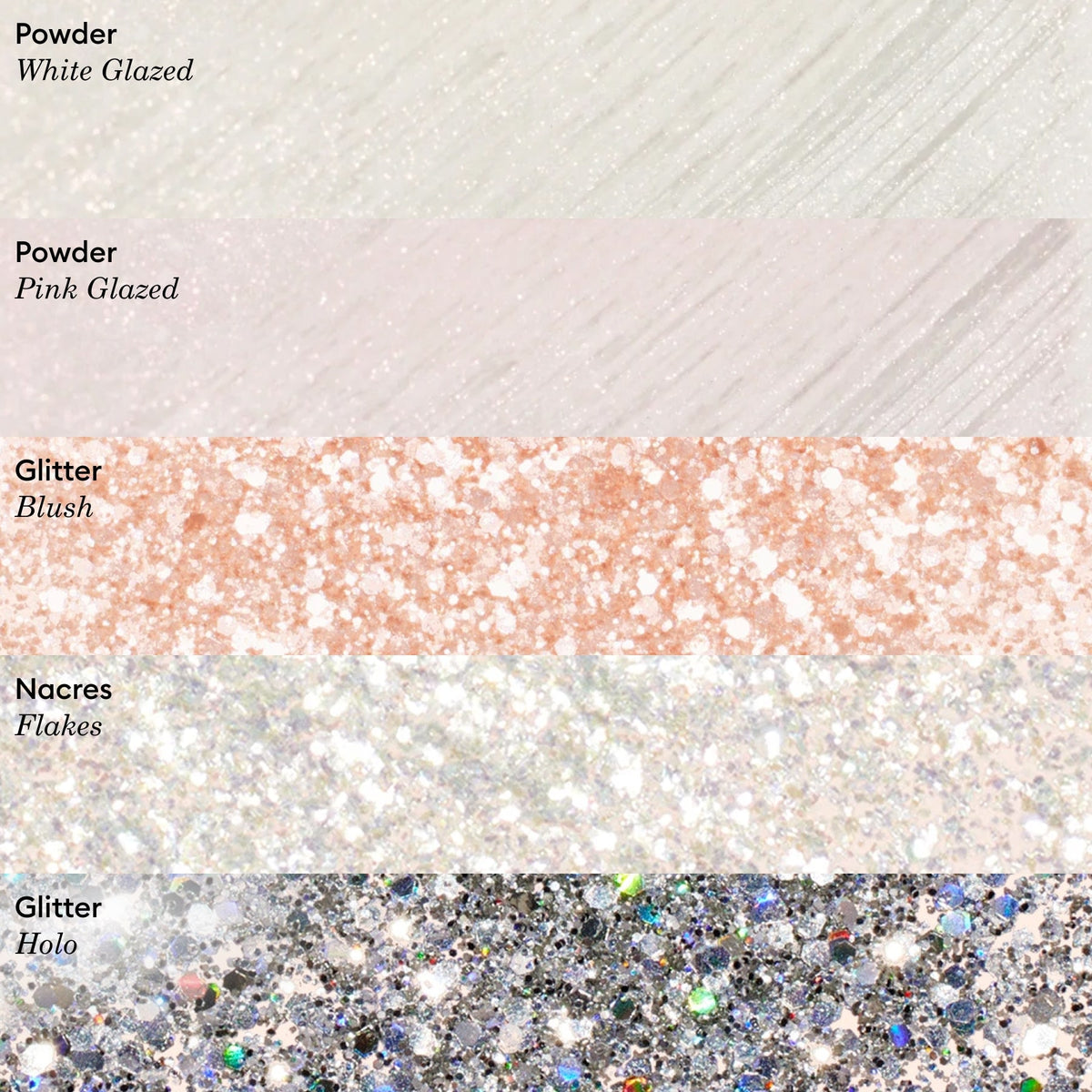 Five Manucurist nail polish swatches—white glazed powder, pale pink sparkle, blush glitter, iridescent flake nacres, and Blush Biodegradable Glitter—are shown in labeled horizontal bands for nail art inspiration.