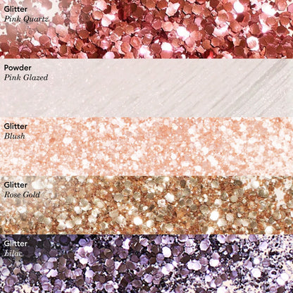 Five horizontal swatches display: Pink Quartz Biodegradable Glitter by Manucurist (pink glitter), Pink Glazed (pale pink powder), Blush (light blush glitter), Rose Gold (rose gold glitter), and purple glitter—perfect for nail art.