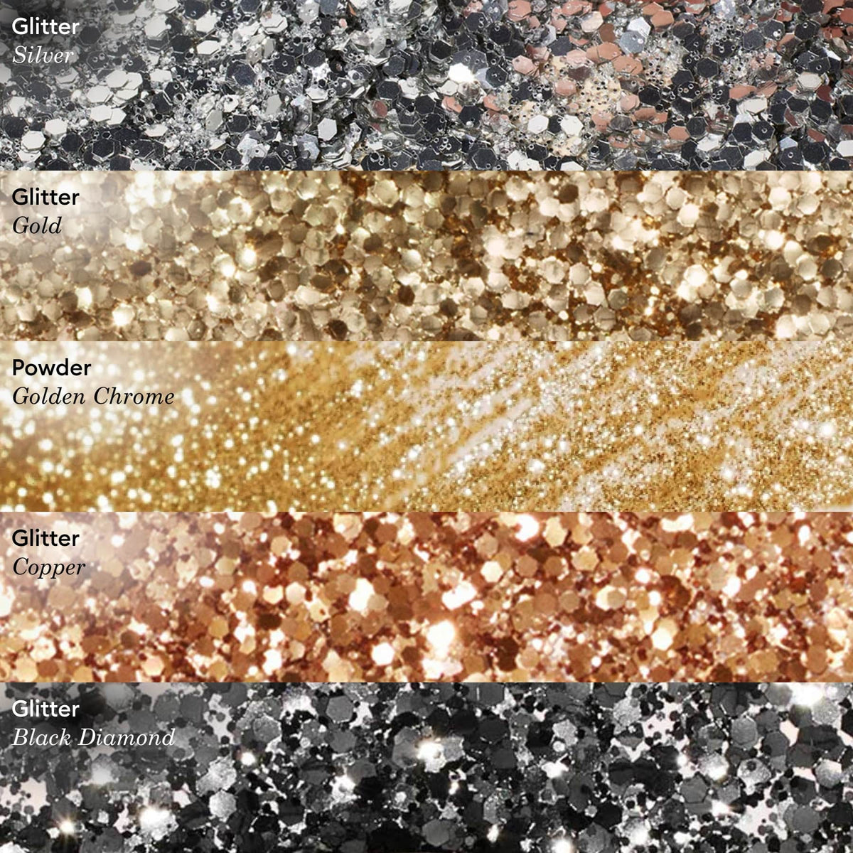 Five horizontal strips display different glitter and powder textures: Silver, Gold, Manucurist Golden Chrome Powder (gel polish), Copper, and Black Diamond—each sparkling with light reflections and a radiant chrome finish.