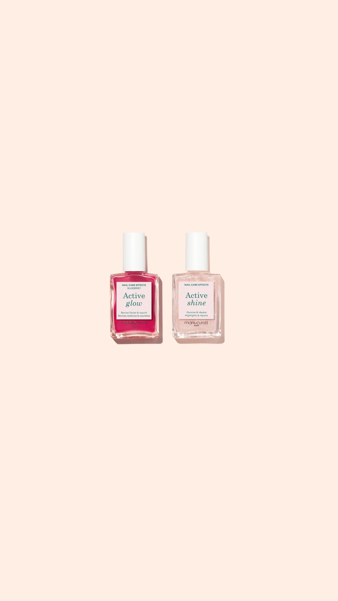 Two bottles of nail polish with white caps on a light beige background; the left bottle is pink labeled Active Glow, and the right bottle is a clear pale pink labeled Active Shine.
