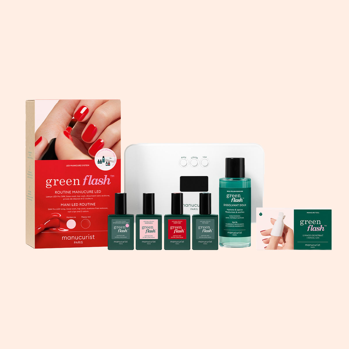 Le [Influence] Kit Pro 36W Poppy Red Hortencia by Manucurist-test comprend une boîte rouge et beige, quatre vernis à ongles, une lampe LED blanche, un flacon de dissolvant vert et un livret, présentés sur un fond clair.