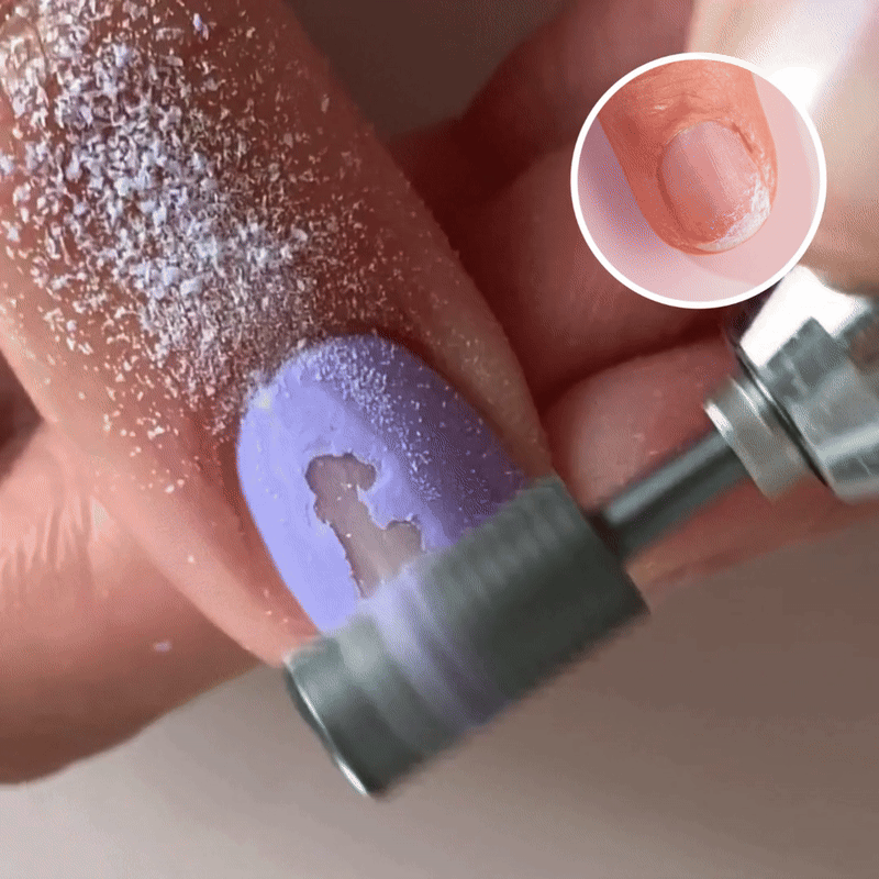 A close-up of a hand with a purple gel manicure being filed off with an electric nail file, creating dust. An inset shows a nail with leftover residue from gel polish.