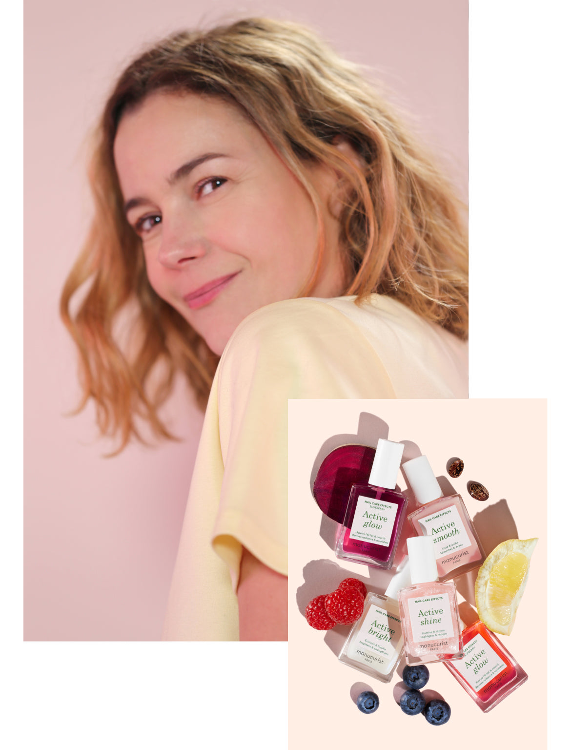 A woman with wavy light brown hair smiles over her shoulder. Below her, several bottles of nail polish are surrounded by assorted fruits, including raspberries, blueberries, and a lemon slice, on a pastel background.