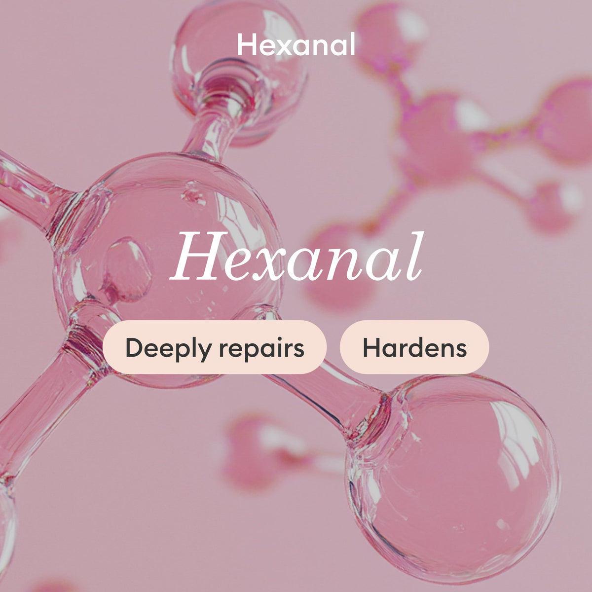 Une structure moléculaire stylisée avec des sphères transparentes sur fond rose. Le texte indique : « Hexanal », « Répare en profondeur » et « Durcit ». Le mot « Hexanal » apparaît deux fois, en haut et au centre.