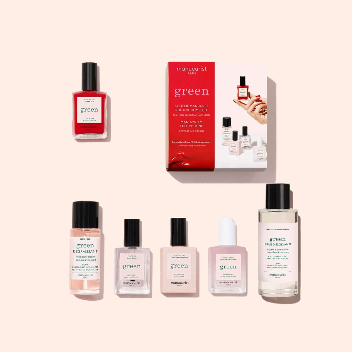 The Manucurist Discovery Kit includes seven manicure products: a plant-based red nail polish, four small clear bottles, one medium bottle with pink liquid, and one large clear bottle, all displayed on a light beige background.