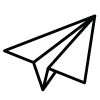 Dessin simple au trait noir d’un avion en papier, représenté en position diagonale ascendante sur un fond blanc uni.
