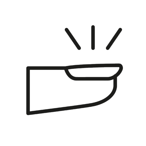 A simple black outline drawing of a hand with an extended index finger, with three lines above the finger suggesting tapping or pressing.