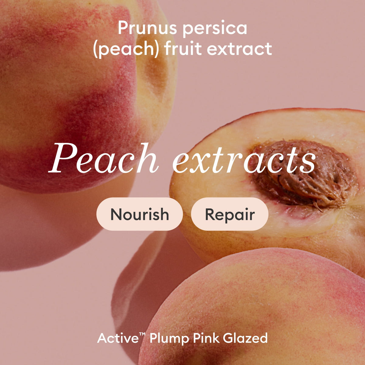 Close-up of peaches on a pink background with text highlighting peach extracts. Buttons read Nourish and Repair. Product name Active™ Plump Pink Glazed appears at the bottom.