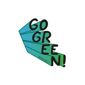 Un visuel avec les mots « GO GREEN ! » en lettres noires grasses sur des formes géométriques vertes, promouvant un message écoresponsable.