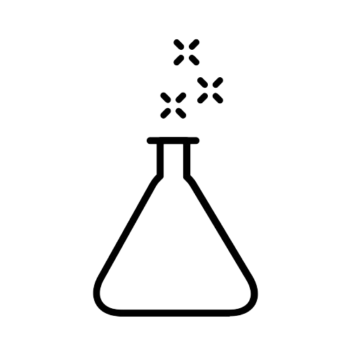 A simple black line drawing of a laboratory flask with bubbles rising from its opening, suggesting a chemical reaction or experiment in progress, on a light gray background.
