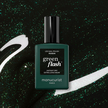 A bottle of Manucurist Poison Green Flash LED nail polish sits on a sparkly matching green background with white and green swirls. The label displays “Poison” and highlights its instant dry and extra long wear features.