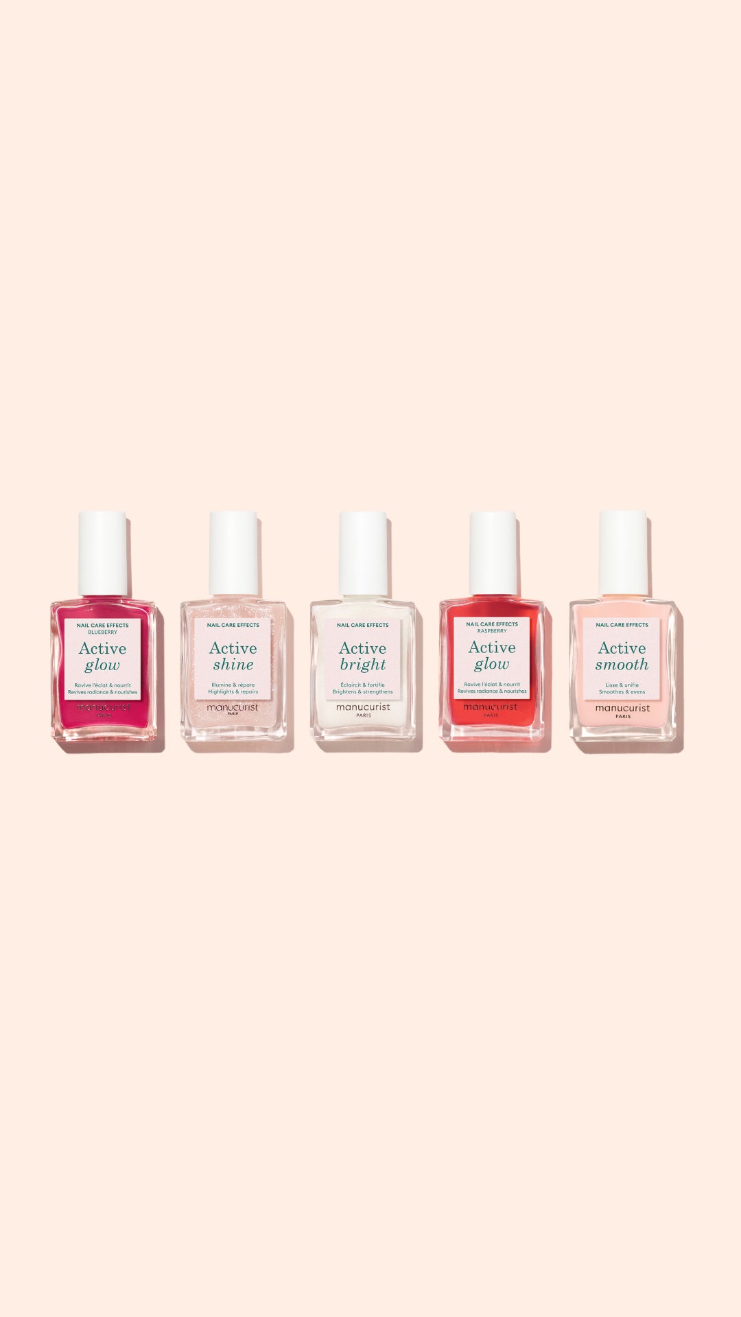 Five bottles of nail polish in varying shades, each labeled with different descriptions, are arranged in a row on a light beige background. The bottles have white caps and rectangular glass containers.