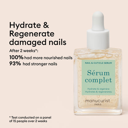 A bottle of Manucurist Healthy Glow Duo is shown on a beige background. After 2 weeks, 100% had more nourished nails and 93% reported stronger nails, based on a panel of 15 people.