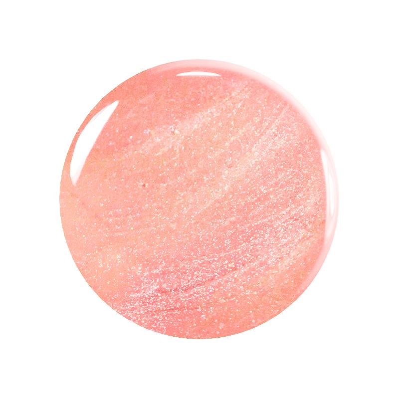 A round, glossy swatch of light pink polish with subtle shimmer and a sparkly finish from the Manucurist You  Me at a Tea Party Green Set, displayed on a white background.