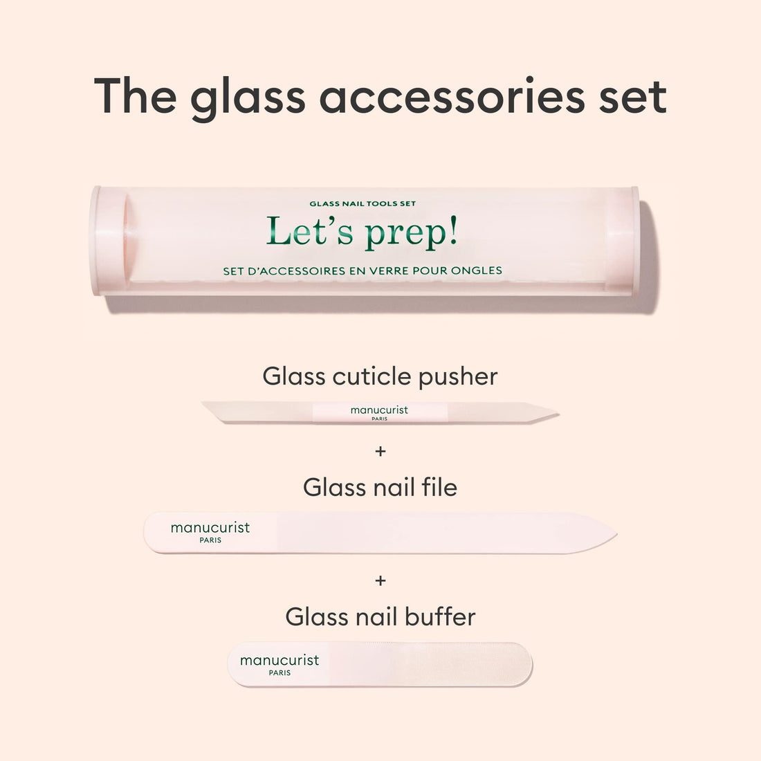 An image of the Manucurist-us Glass nail accessory trio, including a cylindrical case labeled "Lets prep!", a glass nail buffer, cuticle pusher, and nail file, all neatly arranged on a light background.