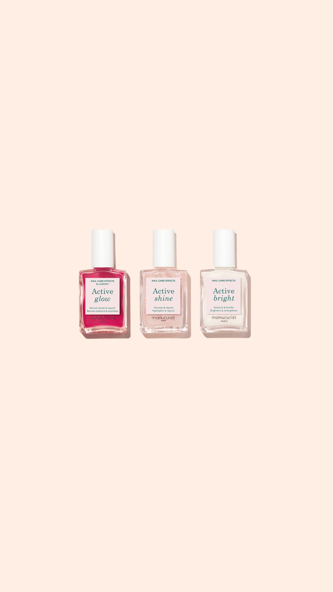 Three nail polish bottles labeled Active Glow, Active Shine, and Active Bright are arranged side by side on a light beige background. The first bottle is pink, and the other two are clear.