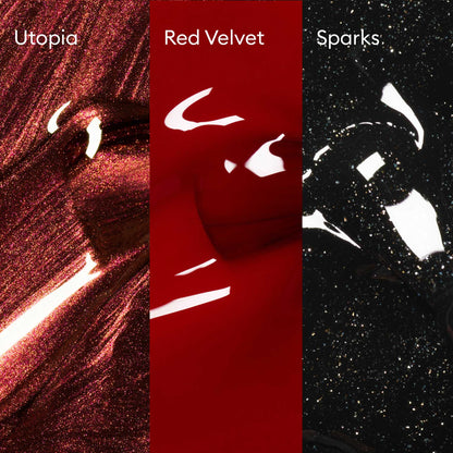 Close-up of three Manucurist-test Midnight Glam Trio + Glitter Set nail polish textures—shimmery burgundy, glossy red, and sparkly black with biodegradable glitter—each shown in a separate vertical panel.