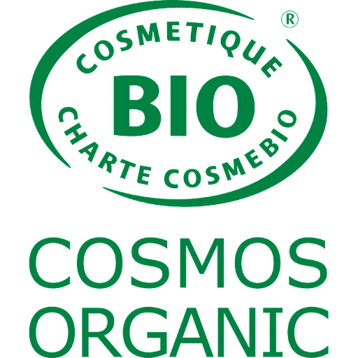 Green and white logo with the words Cosmetique BIO Charte Cosmebio inside an oval, and COSMOS ORGANIC written below in bold green capital letters.