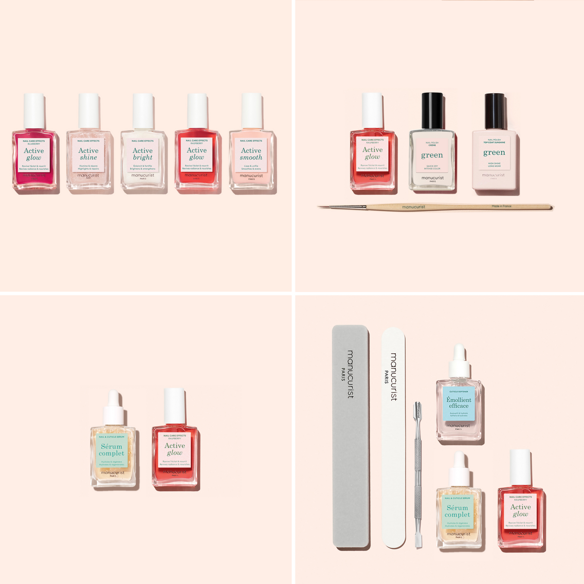 A flat lay of various nail care products, including nail polishes, remover bottles, a dropper bottle, a nail file, a cuticle pusher, and other manicure essentials, arranged neatly on a light beige background.