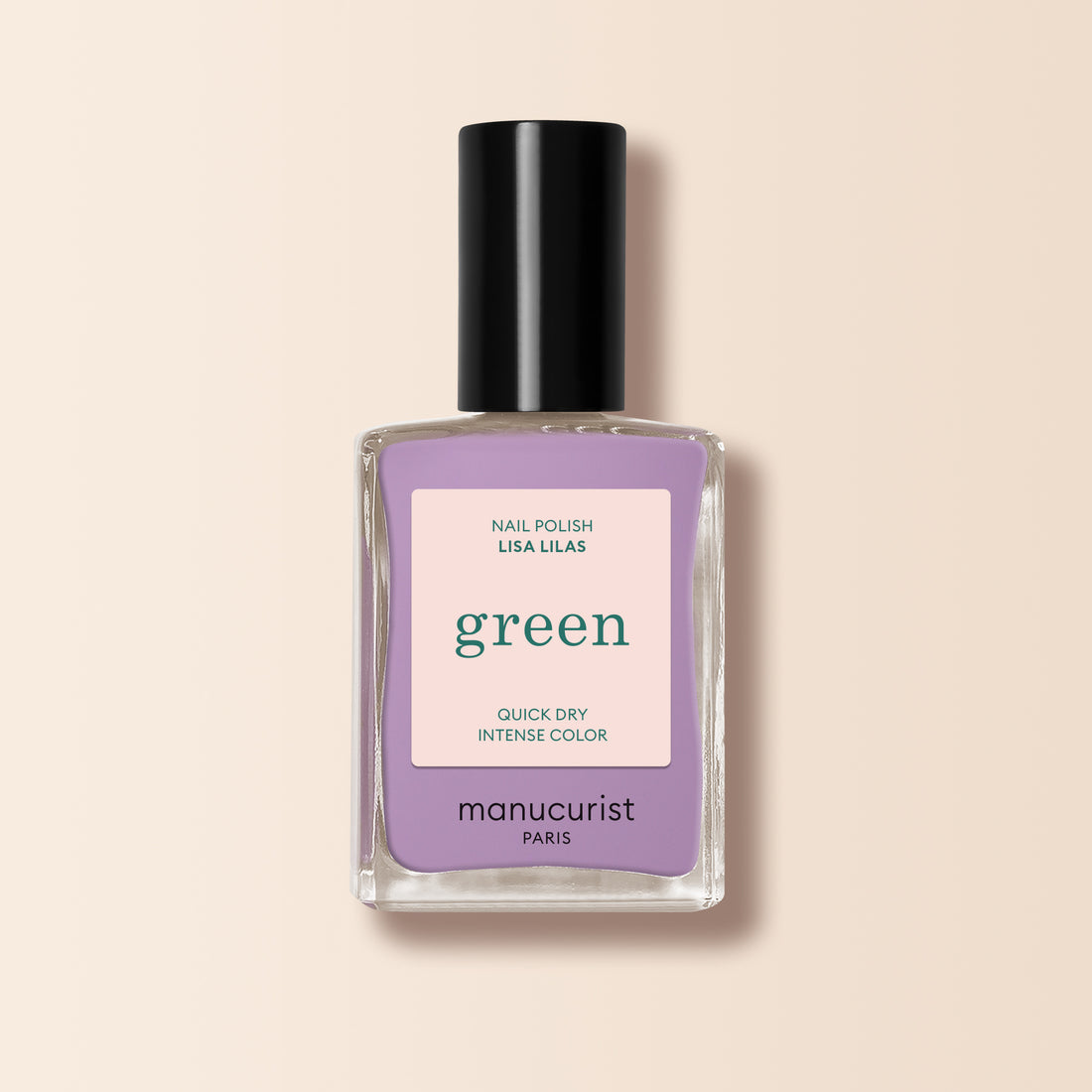 A bottle of Manucurist Lisa Lilas nail polish, featuring a black cap and lavender purple shade, from the Green™ range, set against a light beige background.