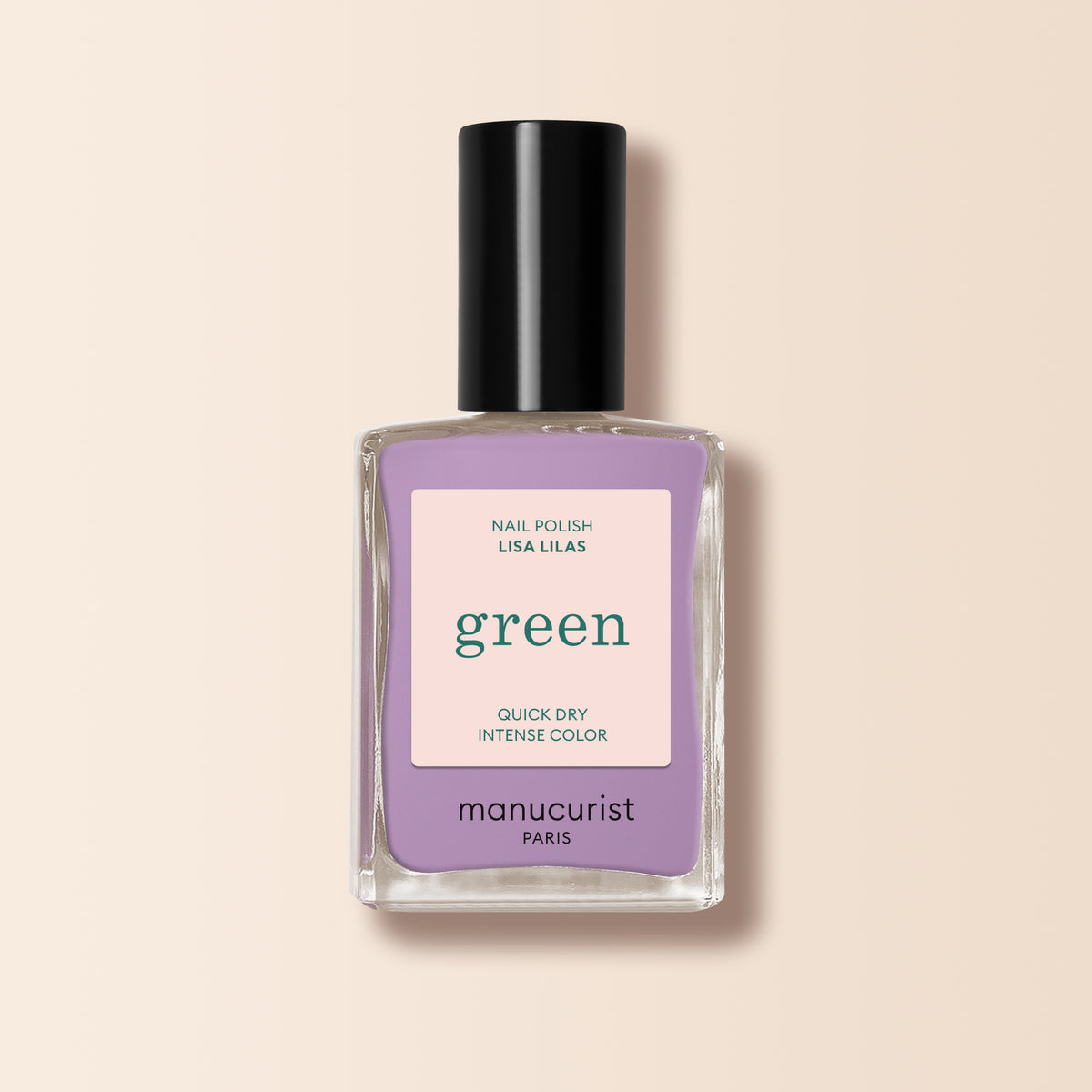 A bottle of Manucurist Lisa Lilas nail polish, featuring a black cap and lavender purple shade, from the Green™ range, set against a light beige background.