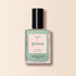 A bottle of Manucurist Mint nail polish from the Green™ line, pastel green with a black cap and a pink label reading "Nail Polish Mint, Quick Dry Intense Color," set against a pale beige background.