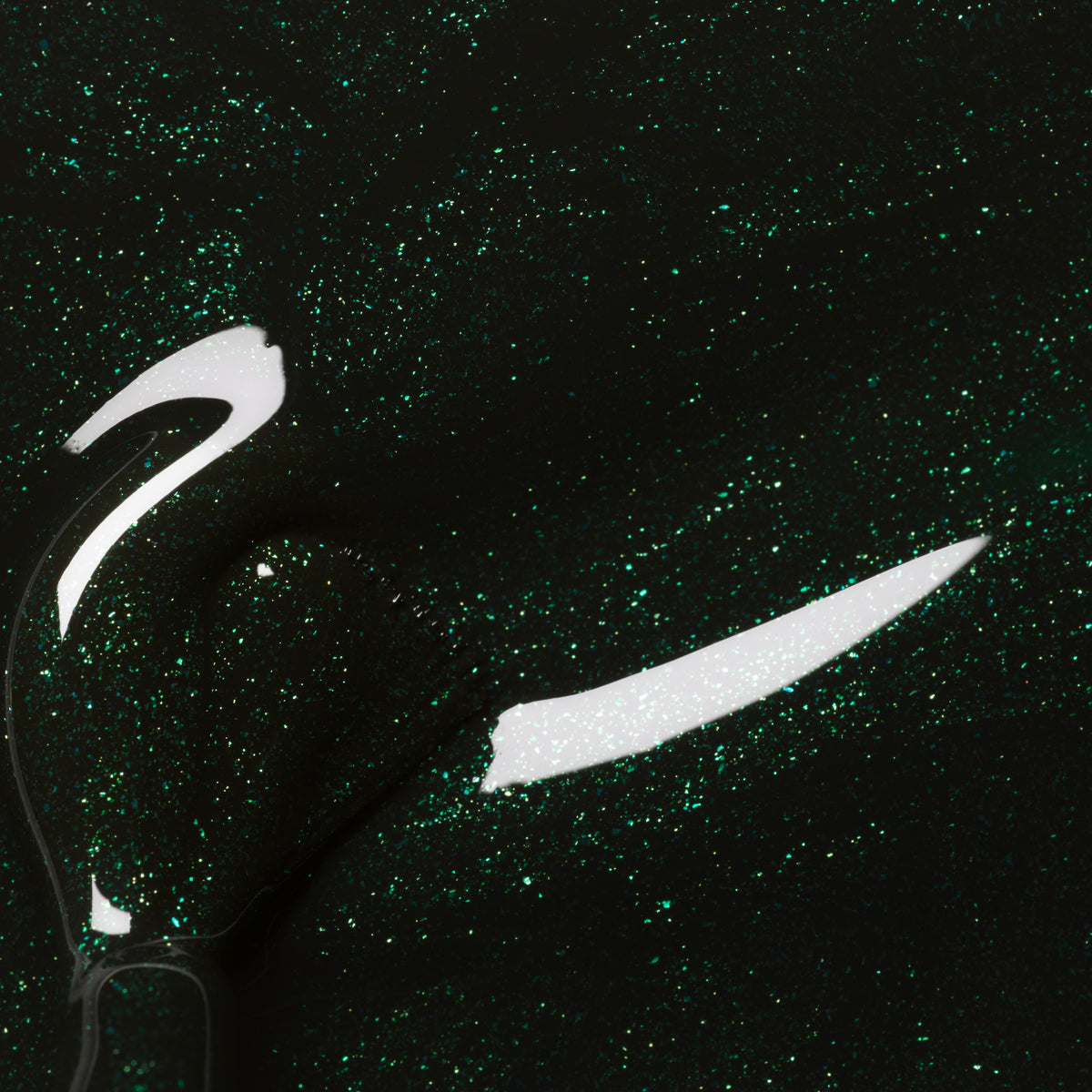 Close-up of Manucurist Poison gel polish—a forest green, glittery shade with a glossy texture, shimmering specks, and a reflective curved brush stroke on the liquid surface.