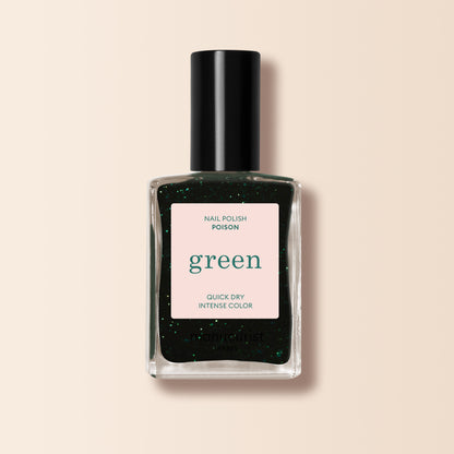 A clear, black-capped bottle of Manucurist Green™ nail polish in the shade "Poison" with “quick dry intense color” and sparkly green glitter inside, shown against a plain beige background.