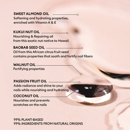 A close-up of clear oil drops on a pink surface, with text highlighting how Manucurist Nourishing Cuticle Oil—99% plant-based and natural—hydrates nails and is perfect as your daily cuticle or nail oil.